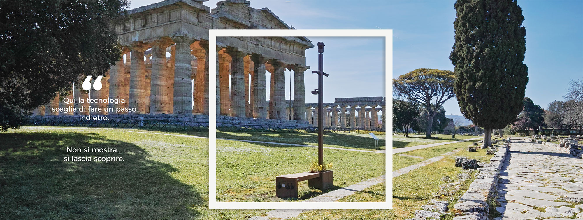 Case Study Paestum 2026 — Il sistema di videosorveglianza e smart bench installato da Tecno World Group al Parco Archeologico di Paestum